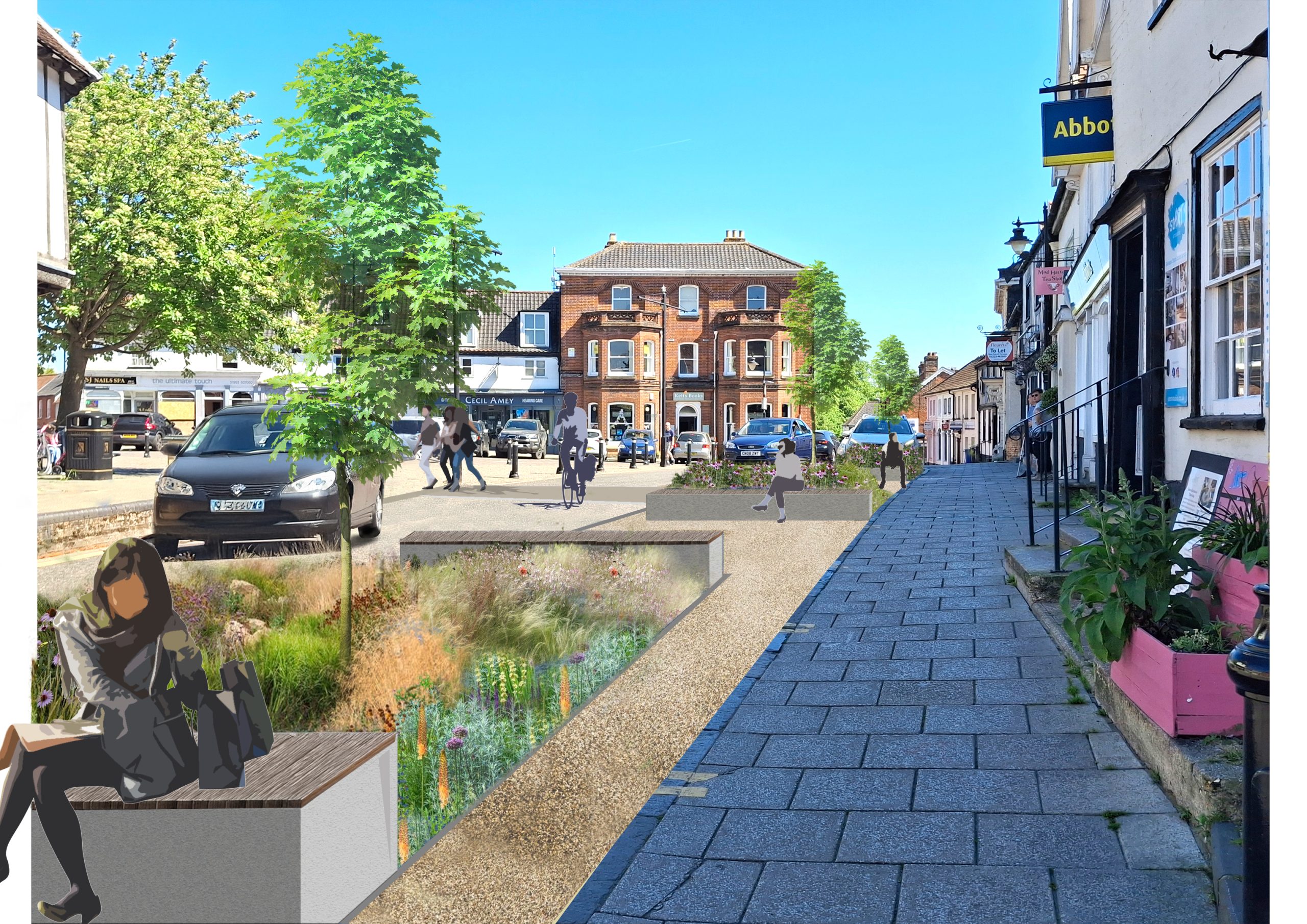 Concept Design Visualisation showing planters and seating outside shops